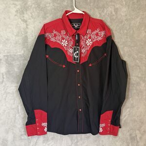 NWT EL Pionero Shirt XL Black Red Embroidered Pearl Snap Rodeo Western Cowboy